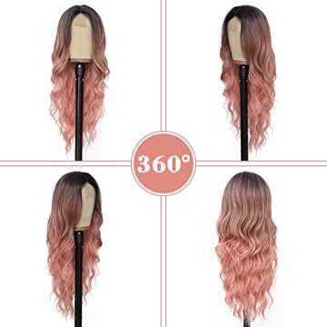 NAYOO Long Ombre Pink Wavy Wig for Women 26 Inch Middle Part Curly Wavy Wig Natural Looking Synthetic Heat Resistant Fiber Wig for Daily Party Use (Ombre Pink)