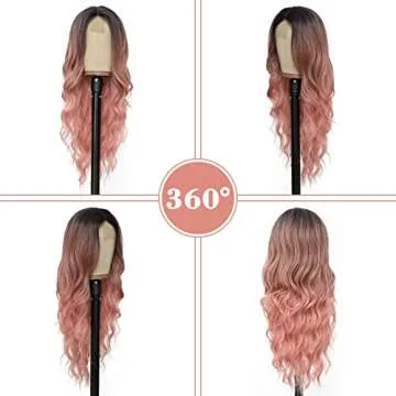 NAYOO Long Ombre Pink Wavy Wig for Women 26 Inch Middle Part Curly Wavy Wig Natural Looking Synthetic Heat Resistant Fiber Wig for Daily Party Use (Ombre Pink)