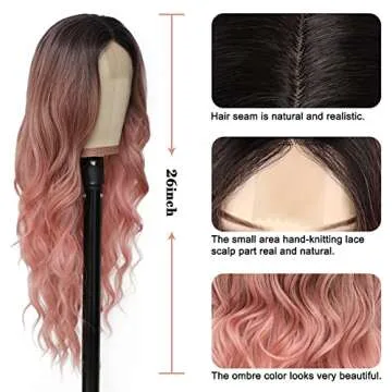 NAYOO Long Ombre Pink Wavy Wig for Women 26 Inch Middle Part Curly Wavy Wig Natural Looking Synthetic Heat Resistant Fiber Wig for Daily Party Use (Ombre Pink)