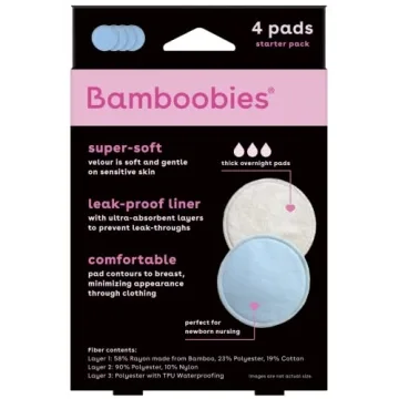 Bamboobies Reusable & Washable, Ultra-Absorbent Overnight Nursing Pads for Breastfeeding, Super Soft Rayon Made From Bamboo, Milk Proof Liner, Natural, 2.4 Oz, 4 Count