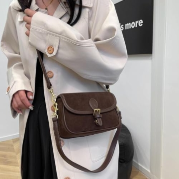 TYATVS Brown Suede Bag for Women Burgundy Suede Purse Fall Wine Purse Trendy Small Crossbody Bag Satchel Purse (Coffee)