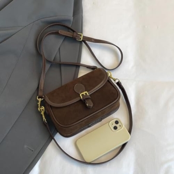 TYATVS Brown Suede Bag for Women Burgundy Suede Purse Fall Wine Purse Trendy Small Crossbody Bag Satchel Purse (Coffee)