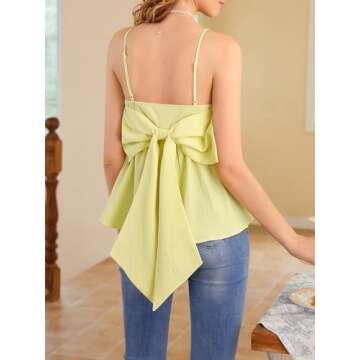 BEAUDRM Women's Solid Big Bow Back Ruffle Hem Spaghetti Strap Party Top Regular Fit Flared Cami Top Camisole Yellow Medium