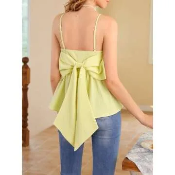 BEAUDRM Women's Solid Big Bow Back Ruffle Hem Spaghetti Strap Party Top Regular Fit Flared Cami Top Camisole Yellow Medium