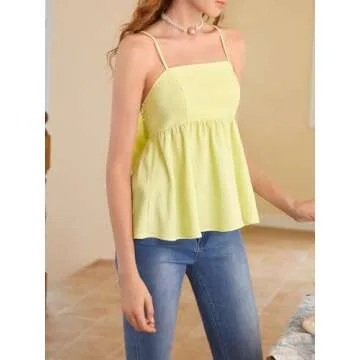 BEAUDRM Women's Solid Big Bow Back Ruffle Hem Spaghetti Strap Party Top Regular Fit Flared Cami Top Camisole Yellow Medium