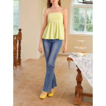 BEAUDRM Women's Solid Big Bow Back Ruffle Hem Spaghetti Strap Party Top Regular Fit Flared Cami Top Camisole Yellow Medium