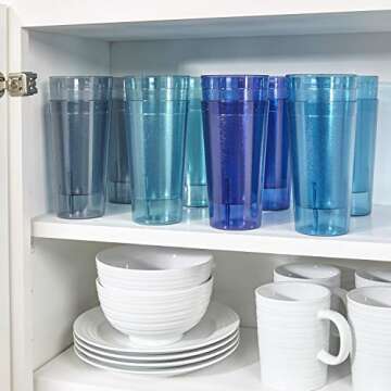US Acrylic Cafe Plastic Reusable Tumblers (Set of 16) 20-ounce Water Cups Coastal Colors | Restaurant Style Drinking Glasses Value Set, Stackable, BPA-free, Made in the USA | Top-rack Dishwasher Safe