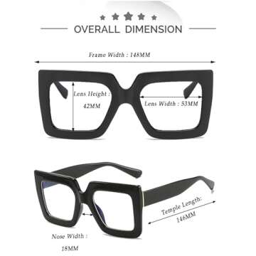 Kursan Oversized Square Black Glasses for Women Men Big Frame Blue Light Blocking Glasses Fashion Eyeglasses (Bright Black)