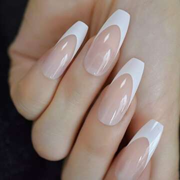 CoolNail White French Ballerina Fake Nails Natural Nude Coffin Flat False Nail Tips for Salon Party ...