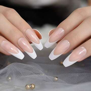 CoolNail White French Ballerina Fake Nails Natural Nude Coffin Flat False Nail Tips for Salon Party Faux Ongle Free Adhesive Tapes