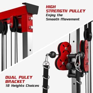Liksodo Cable Station Wall Mounted, 18 Height Pulley Tower, LAT Pull-Down Machine with Adjustable Dual Pulley System, High and Low Cable Crossover Machine with LAT Row LAT Tower for Home Gym, Red
