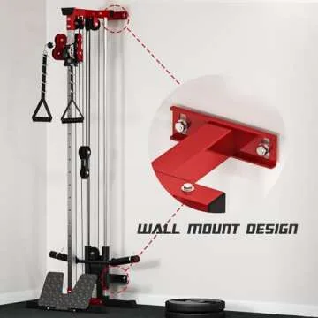 Liksodo Cable Station Wall Mounted, 18 Height Pulley Tower, LAT Pull-Down Machine with Adjustable Dual Pulley System, High and Low Cable Crossover Machine with LAT Row LAT Tower for Home Gym, Red