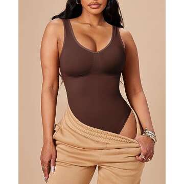 OMAKGI Women Seamless Tummy Control Shapewear Sculpting Thong Bodysuits Sleeveless Body Shaper(M,32-Brown)