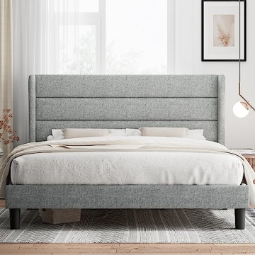 iPormis King Bed Frame with Wingback, Modern Upholstered Platform Bed with 8'' Under-Bed Storage, Wo...