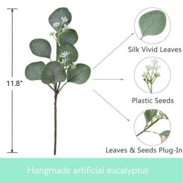 Lavora Zone 20 Pcs Artificial Seeded Eucalyptus Leaves Stems Bulk Silver Dollar Leaves Plant Green 11.8" Tall Artificial Greenery Holiday Greens Wedding