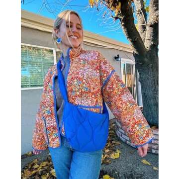 Stylish Yimoon Women's Cropped Puffer Quilted Jacket - Vintage Floral Design