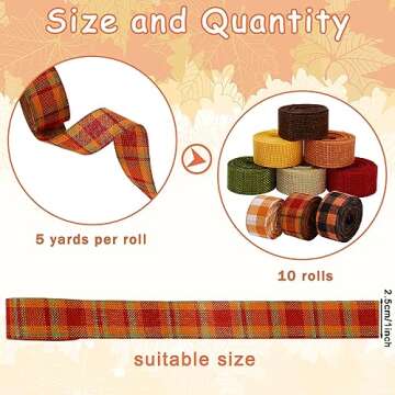 Whaline 10 Rolls 50 Yards Plaid Burlap Ribbon Rolls 1 Inch Fall Wrapping Ribbon Thanksgiving Ribbon Autumn Decorative Ribbon for Autumn Harvest Thanksgiving Wreath Decoration