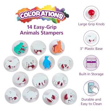 Colorations Easy Knob Grip Stamper Animal Stamps, Jungle, Domestic, Tropical, 14 Stamps, , 2 inches x 3 inches, Storytelling, Card Making, Decorating, Educational, Learning, Biology