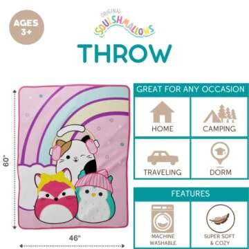 Squishmallows Kids Bedding Super Soft Micro Raschel Throw, 46 in x 60 in, By Franco, Prints may vary as on cloud nine pattern/do not disturb pattern