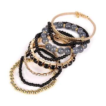 RIAH FASHION Multi Color Stretch Beaded Stackable Bracelets - Layering Bead Strand Statement Wrap Bangles (Original - Black, 7.0 Inches)