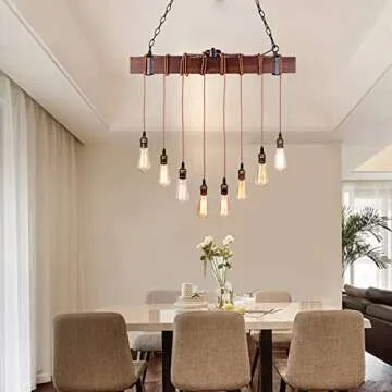 Farmhouse Pendant Lights Kitchen Island, Kitchen Light Fixtures, Rustic Dining Room Light Fixture with 8 E26 Bulb Sockets, Black Metal and Wood Beam Ceiling Pendant Light Fixtures, Hanging Lights