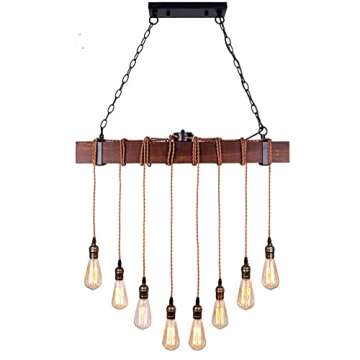 Farmhouse Pendant Lights Kitchen Island, Kitchen Light Fixtures, Rustic Dining Room Light Fixture with 8 E26 Bulb Sockets, Black Metal and Wood Beam Ceiling Pendant Light Fixtures, Hanging Lights