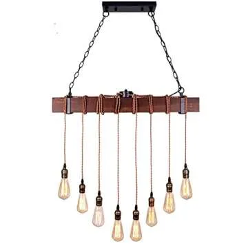 Farmhouse Pendant Lights Kitchen Island, Kitchen Light Fixtures, Rustic Dining Room Light Fixture with 8 E26 Bulb Sockets, Black Metal and Wood Beam Ceiling Pendant Light Fixtures, Hanging Lights