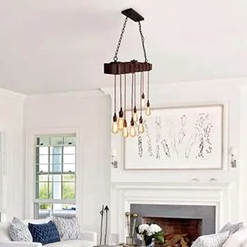 Farmhouse Pendant Lights Kitchen Island, Kitchen Light Fixtures, Rustic Dining Room Light Fixture with 8 E26 Bulb Sockets, Black Metal and Wood Beam Ceiling Pendant Light Fixtures, Hanging Lights