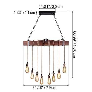 Farmhouse Pendant Lights Kitchen Island, Kitchen Light Fixtures, Rustic Dining Room Light Fixture with 8 E26 Bulb Sockets, Black Metal and Wood Beam Ceiling Pendant Light Fixtures, Hanging Lights