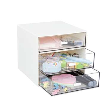 Desk Organizer with 3 Drawers, Clear Plastic Desk Storage Box, Desktop Organization for Office Supplies, Gel Pens, Pencils, Markers, Tape, Erasers, Paperclips, Chargers (White-3 Draws)