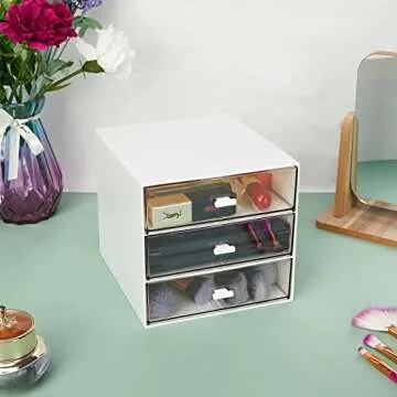 Desk Organizer with 3 Drawers, Clear Plastic Desk Storage Box, Desktop Organization for Office Supplies, Gel Pens, Pencils, Markers, Tape, Erasers, Paperclips, Chargers (White-3 Draws)