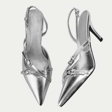 Yishaweiqi Slingback Kitten Heels for Women Buckle Strap Pointed Toe Dress Pumps Shoes Slip On Heeled Sandals Silver