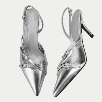 Yishaweiqi Slingback Kitten Heels for Women Buckle Strap Pointed Toe Dress Pumps Shoes Slip On Heeled Sandals Silver