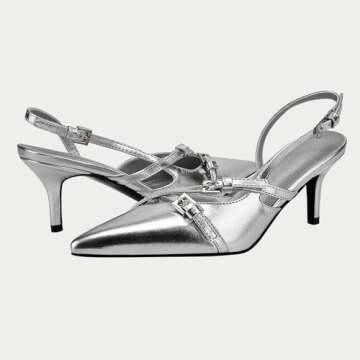 Yishaweiqi Slingback Kitten Heels for Women Buckle Strap Pointed Toe Dress Pumps Shoes Slip On Heeled Sandals Silver