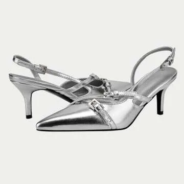 Yishaweiqi Slingback Kitten Heels for Women Buckle Strap Pointed Toe Dress Pumps Shoes Slip On Heeled Sandals Silver