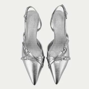 Yishaweiqi Slingback Kitten Heels for Women Buckle Strap Pointed Toe Dress Pumps Shoes Slip On Heeled Sandals Silver