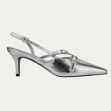 Yishaweiqi Slingback Kitten Heels for Women Buckle Strap Pointed Toe Dress Pumps Shoes Slip On Heeled Sandals Silver