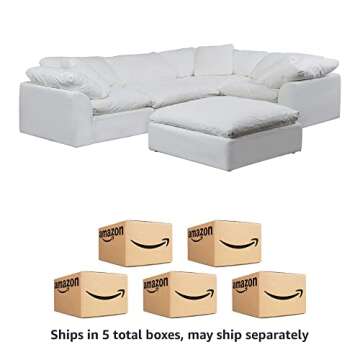 Sunset Trading Contemporary Puff 5PC Performance Fabric Washable Water-Resistant Stain-Proof White Slipcovered Modular L-Shaped Sectional Sofa with Ottoman, Deep-Seat Down-Fill