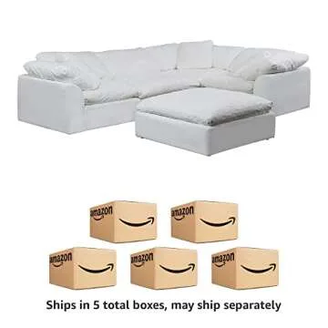 Sunset Trading Contemporary Puff 5PC Performance Fabric Washable Water-Resistant Stain-Proof White Slipcovered Modular L-Shaped Sectional Sofa with Ottoman, Deep-Seat Down-Fill