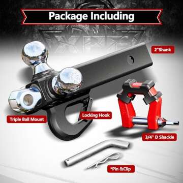 5 in 1 Trailer Hitch Tri-Ball Mount withHook&Pin&Rotatable Tow Shackle ，Fits 2" Receiver with Chro...