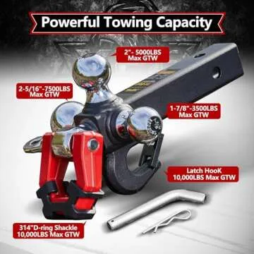 5 in 1 Trailer Hitch Tri-Ball Mount withHook&Pin&Rotatable Tow Shackle ，Fits 2" Receiver with Chrome Hitch Ball(1-7/8",2",2-5/16"), 10,000LBS MAX GTW, Red-X-2220-RS