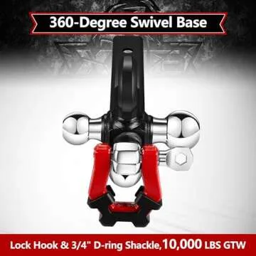 5 in 1 Trailer Hitch Tri-Ball Mount withHook&Pin&Rotatable Tow Shackle ，Fits 2" Receiver with Chrome Hitch Ball(1-7/8",2",2-5/16"), 10,000LBS MAX GTW, Red-X-2220-RS