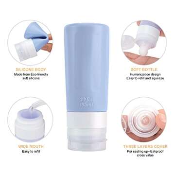 Beveetio Travel Bottles TSA Approved 15 Pack,2.9oz Silicone Refillable Size Containers, BPA Free Travel Tubes Toiletries for Cosmetic Shampoo Cream Conditioner Lotion Soap（2.9 OZ Colorful）
