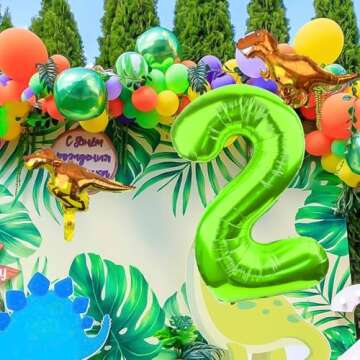 LEBERY Dinosaur Number 2 Balloon, 40 Inch Green Number 2 Balloon and Mini Dino Balloons for Dino The...