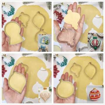 Q-BAKER Christmas Ornaments Cookie Cutters, 4PCS Stainless Steel Snow Globe,Round Ornament,Teardrop Bauble, Finial Shapes with Decorating Instructions