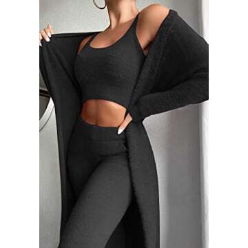 Linsery Women Three Pc Cozy Outfit Sexy Fuzzy Open Front Cardigan Crop Vest Wide Leg Pants Fleece Lounge Pajamas Set Black L