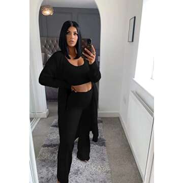 Linsery Women Three Pc Cozy Outfit Sexy Fuzzy Open Front Cardigan Crop Vest Wide Leg Pants Fleece Lounge Pajamas Set Black L