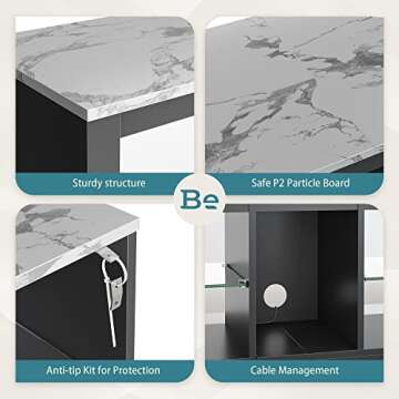 Bestier White Marble TV Stand LED Entertainment Center Gaming TV Stand for 55 Inch TV RGB Television Stand with 2 Adjustable Glass Shelves Xbox PS4 Game Console Cabinet for Living Room