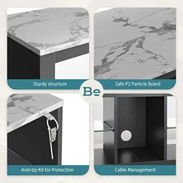 Bestier White Marble TV Stand LED Entertainment Center Gaming TV Stand for 55 Inch TV RGB Television Stand with 2 Adjustable Glass Shelves Xbox PS4 Game Console Cabinet for Living Room