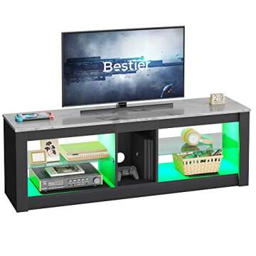 Bestier White Marble TV Stand LED Entertainment Center Gaming TV Stand for 55 Inch TV RGB Television Stand with 2 Adjustable Glass Shelves Xbox PS4 Game Console Cabinet for Living Room
